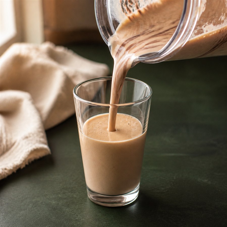A small peanut butter protein shake pouring from a clear blender pitcher into a slender glass.