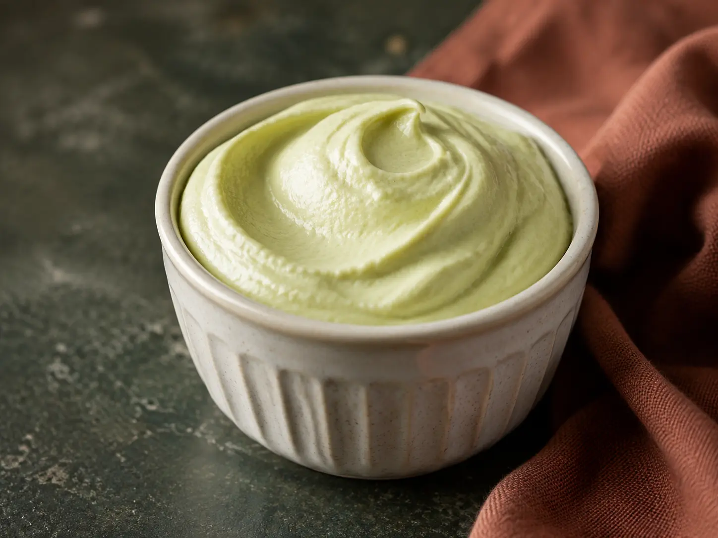 Pale green pistachio protein fluff in a small cream stoneware cup beside muted-rust linen.