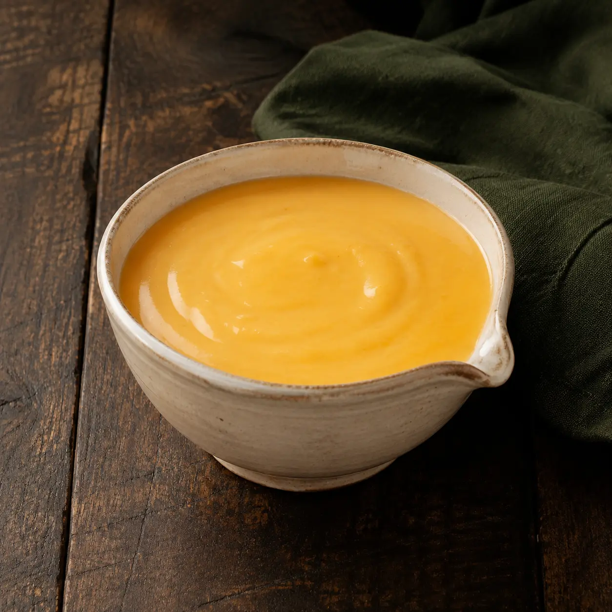 Velvety golden protein cheese sauce in a small cream stoneware pouring bowl.