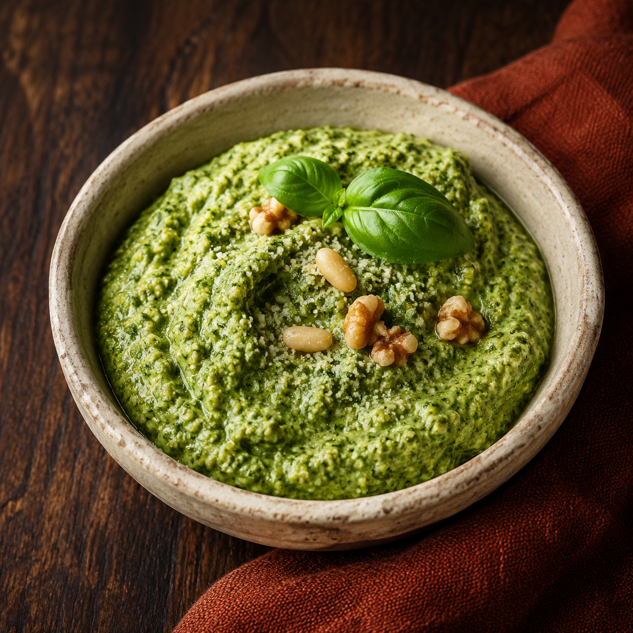Painterly guildhall serving of Protein-packed Pesto beside muted-rust linen.