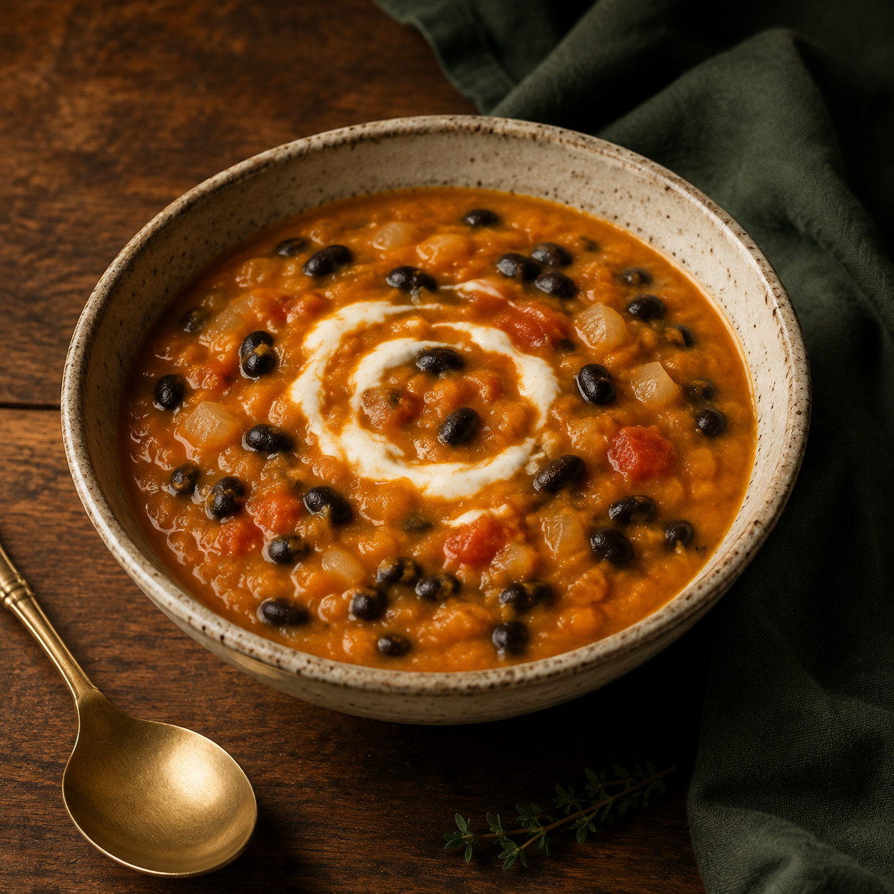 Smooth pumpkin and black-bean soup with a yogurt swirl beside forest-green linen.