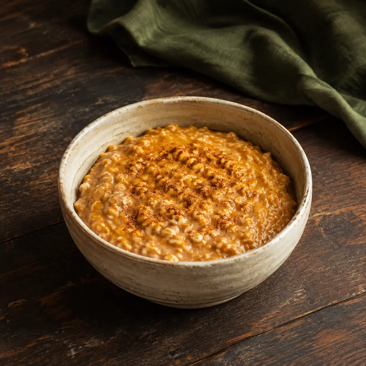 Pumpkin pie oatmeal with cottage cheese in cream stoneware beside forest-green linen.