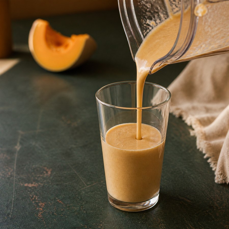 A small pumpkin protein shake pouring from a clear blender pitcher into a slender glass.