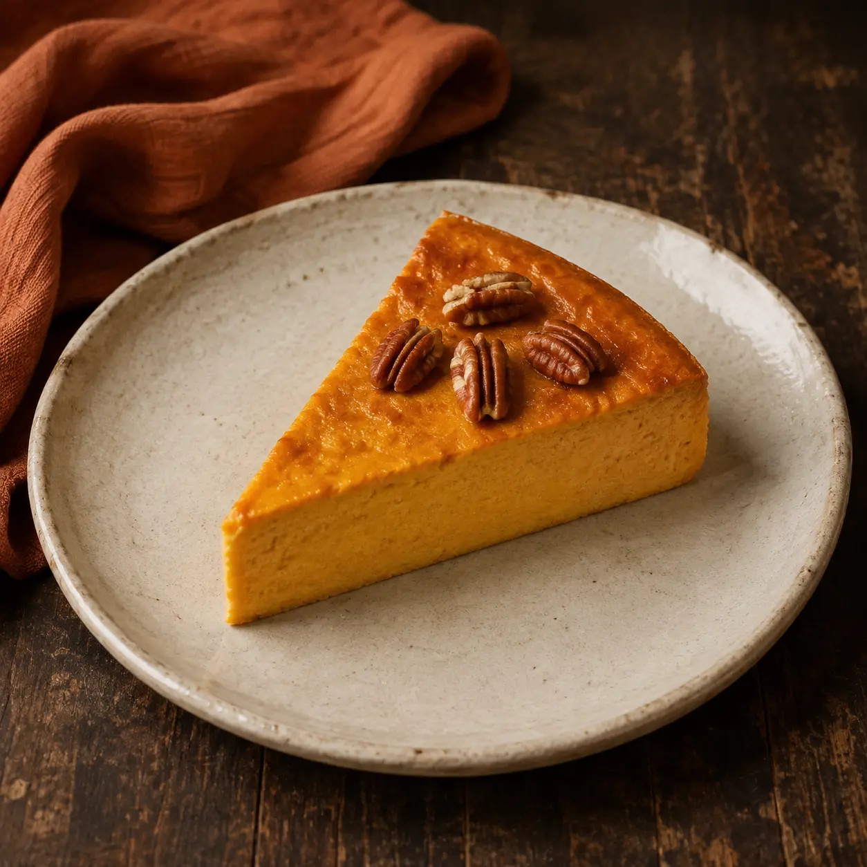 Crustless pumpkin ricotta protein pie with pecans on cream stoneware beside muted-rust linen.