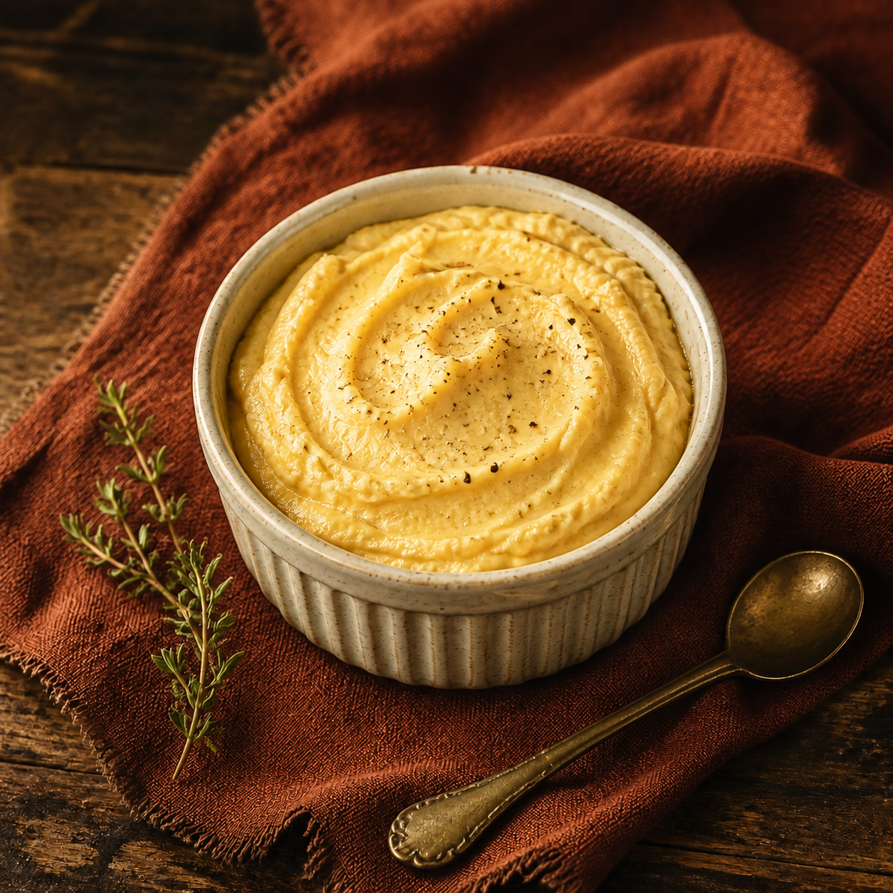 Creamy egg salad purée in a golden-rimmed bowl