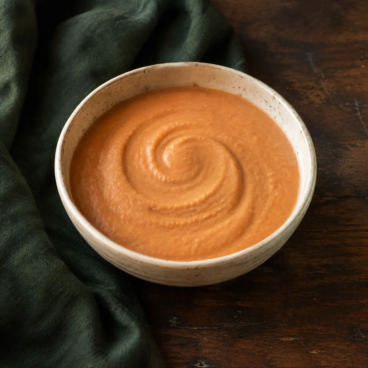 A completely smooth warm huevos-rancheros purée swirled in a small cream stoneware bowl.