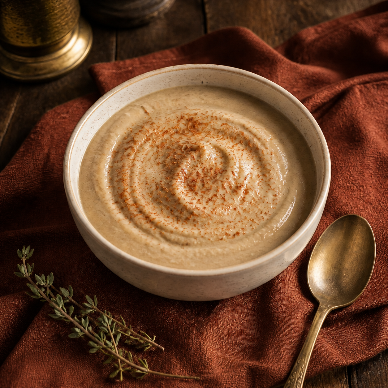 Silky mushroom chicken purée in a green bowl