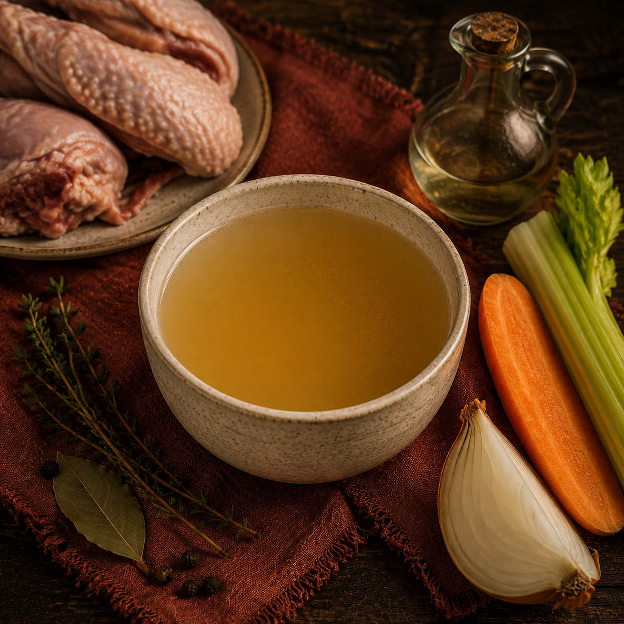 Clear pale-gold chicken bone broth in a cream ceramic bowl with its ingredients arranged beside muted-rust linen.