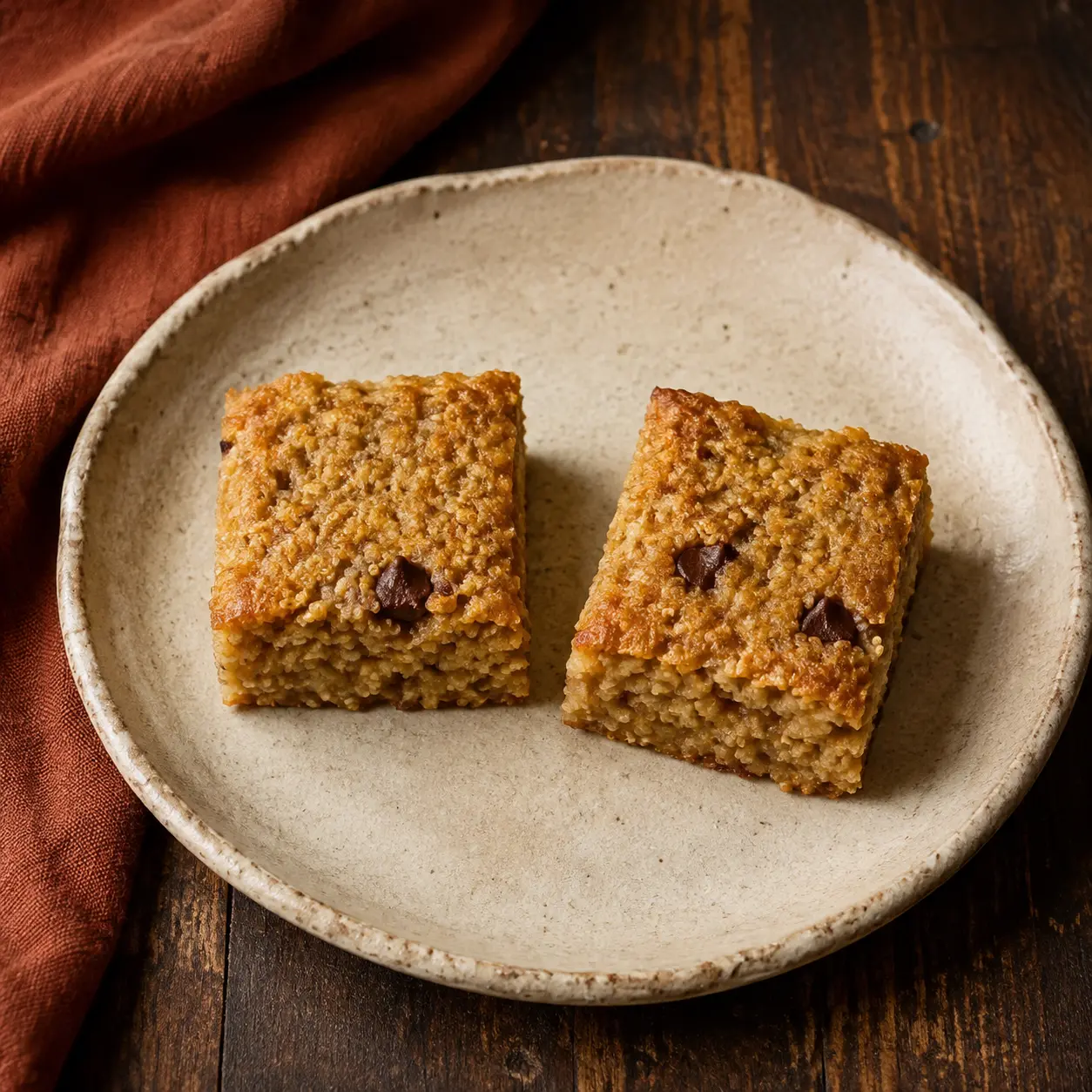 Two small moist golden quinoa-banana breakfast bars with a few dark chocolate chips.