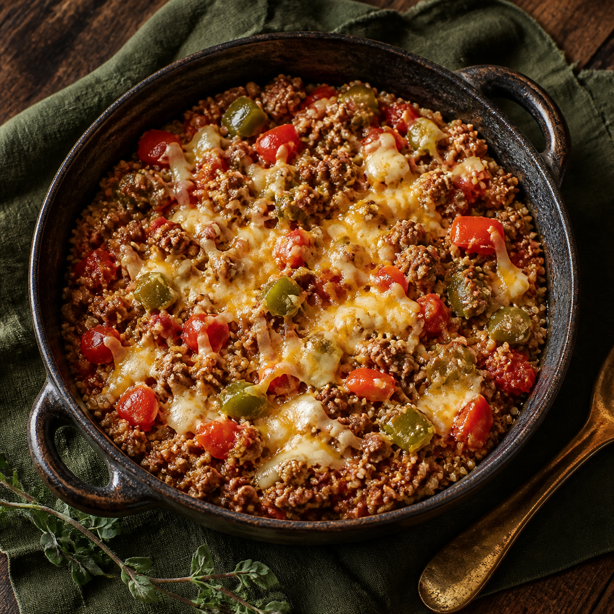 Quinoa, lean beef, colorful peppers, tomatoes, and cheese in a skillet