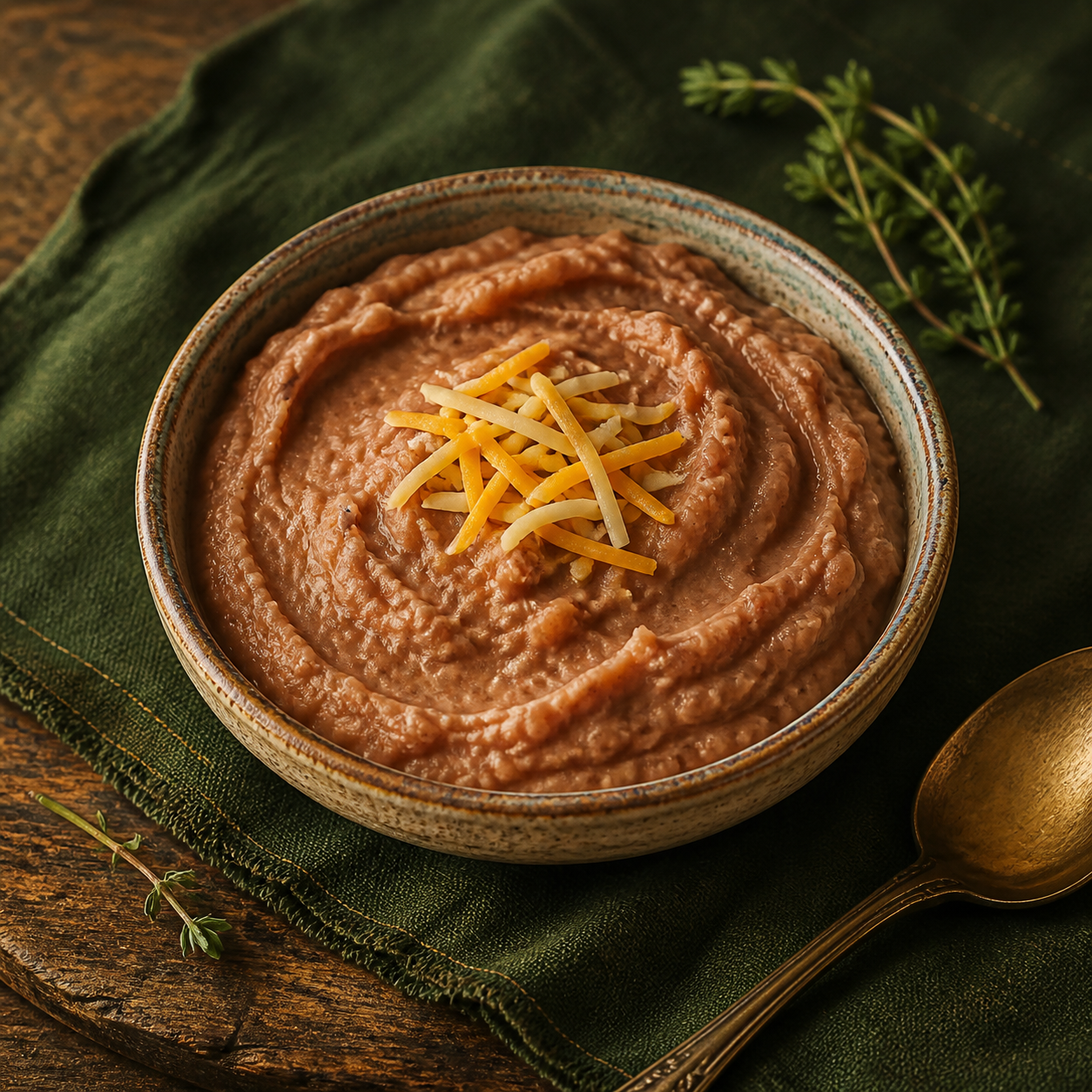 Silky refried beans with gentle spice accents