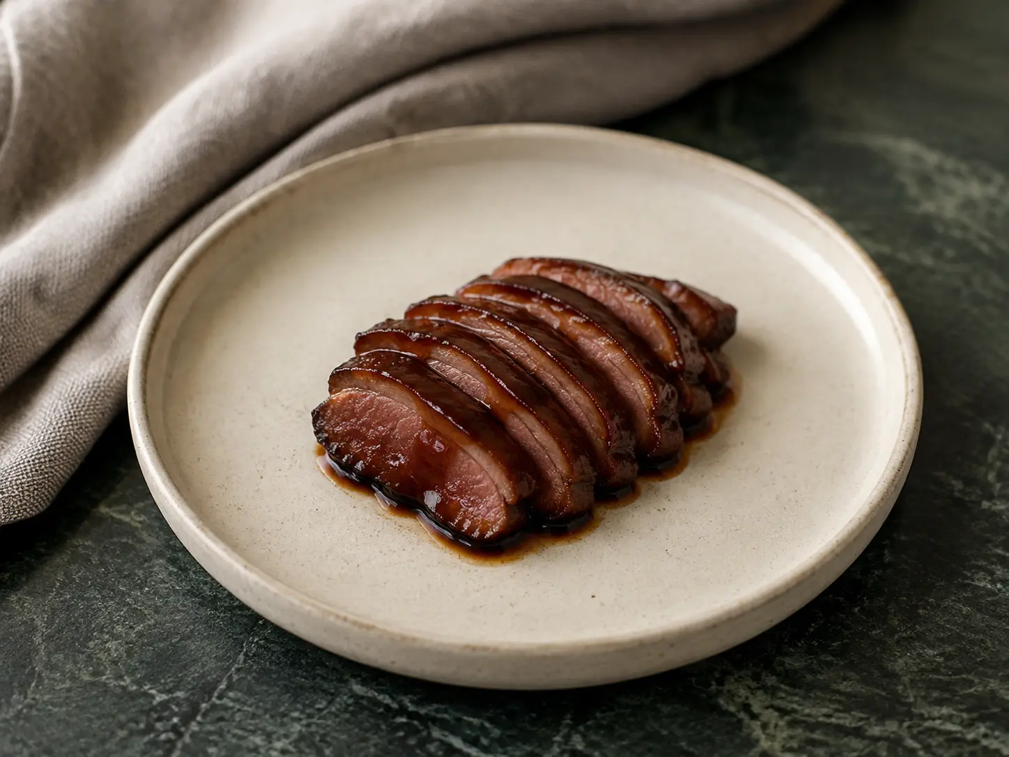 Thin slices of skinless root beer-braised duck breast with a light mahogany sauce on a small cream stoneware plate.