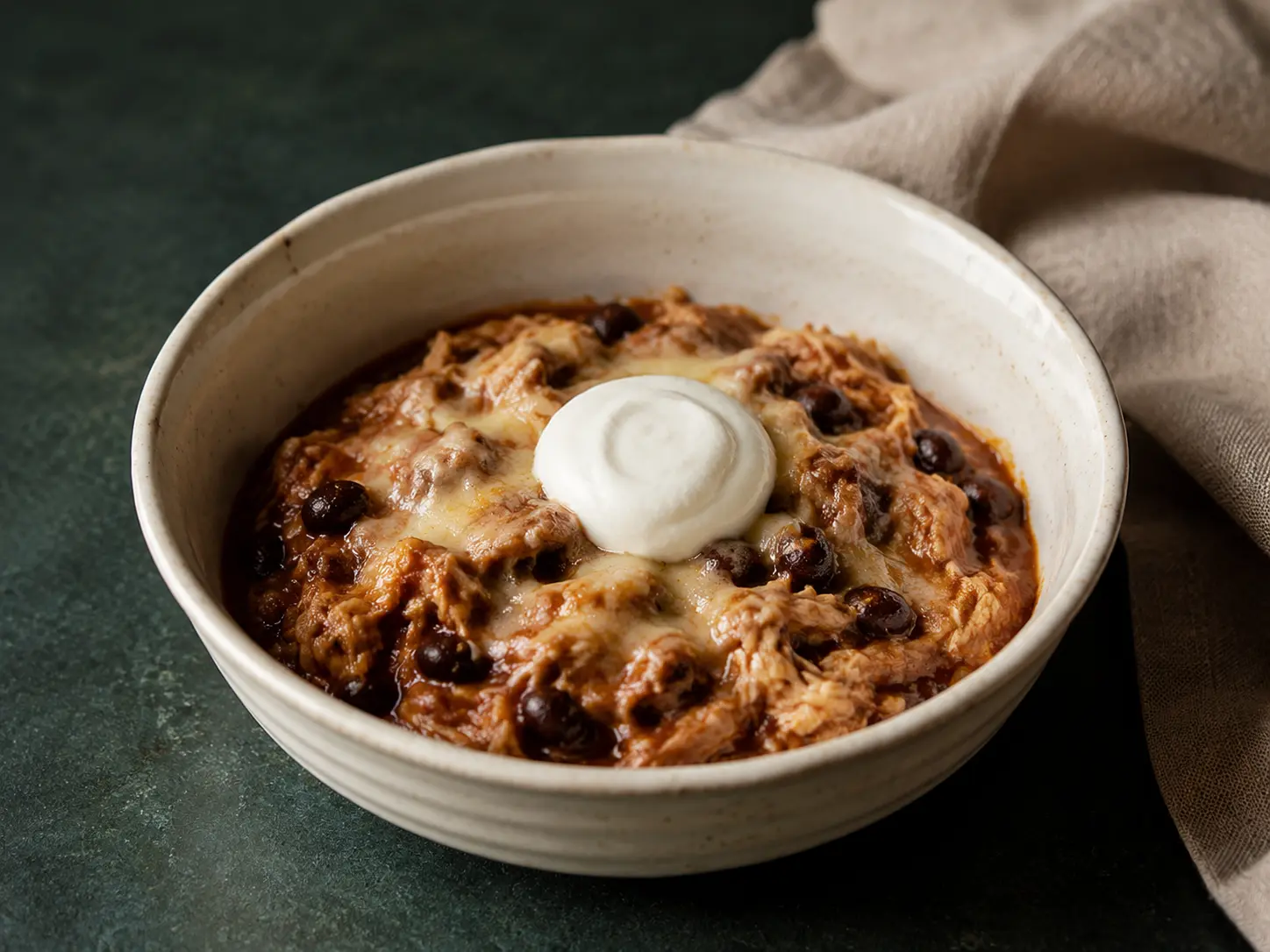 A small cream bowl of moist shredded chicken, soft black beans, red enchilada sauce, cheese, and yogurt.