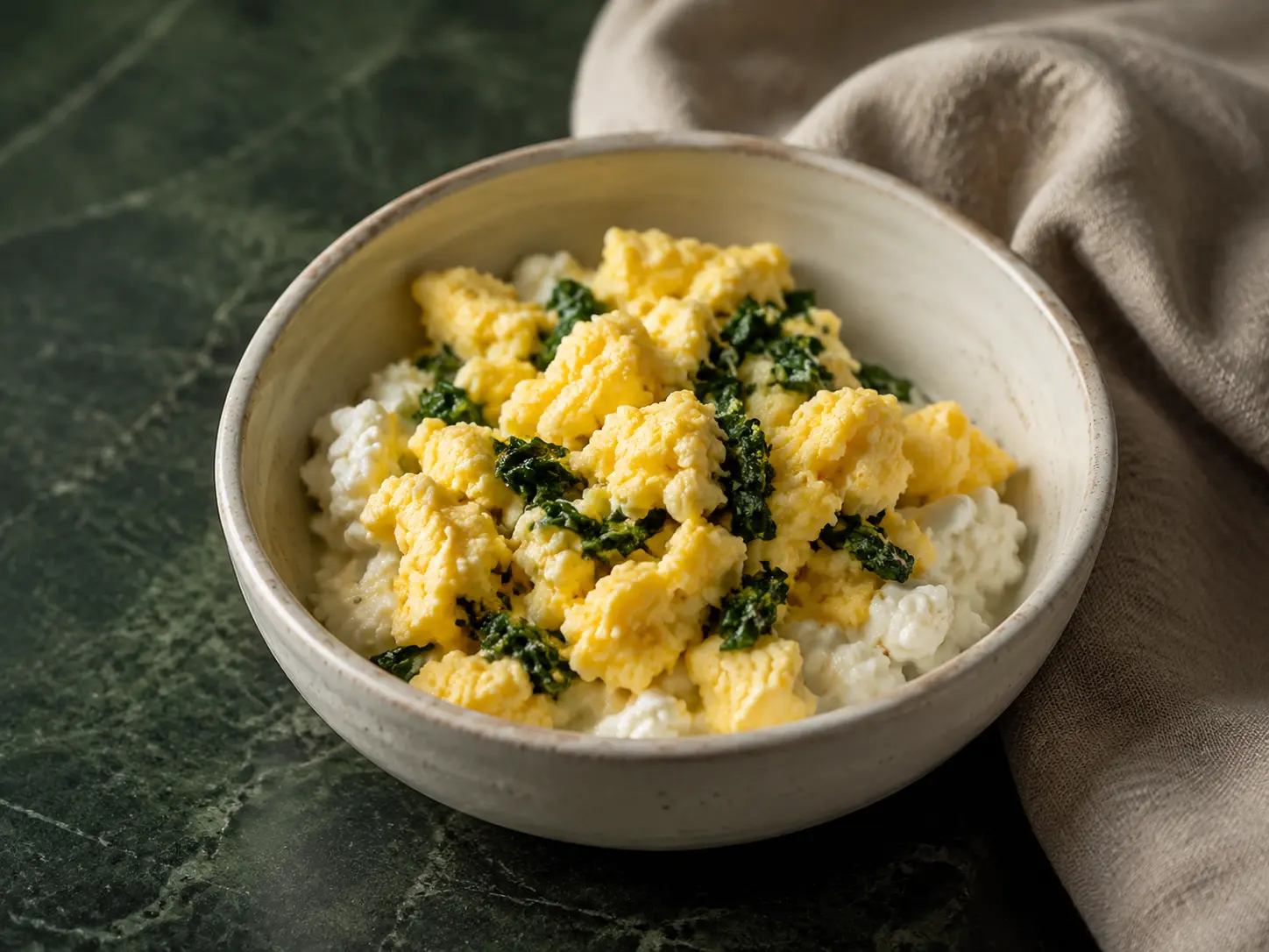 A small cream bowl of cottage cheese topped with moist scrambled egg and finely wilted spinach on dark green stone.