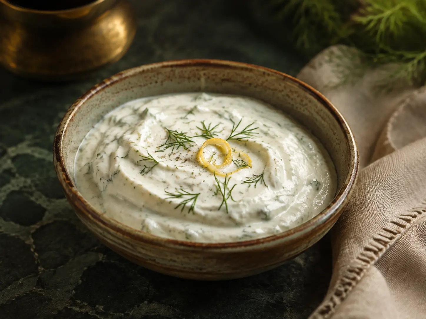 A modest rustic bowl of smooth white Greek yogurt ranch dip with sparse dill and a tiny curl of lemon zest.