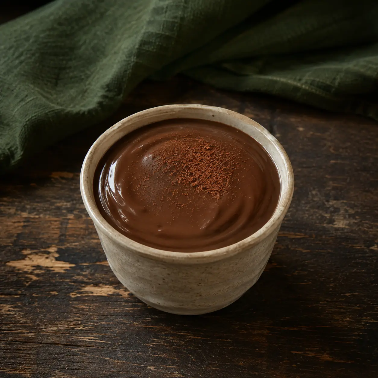 Silky chocolate soy pudding in cream stoneware beside forest-green linen.