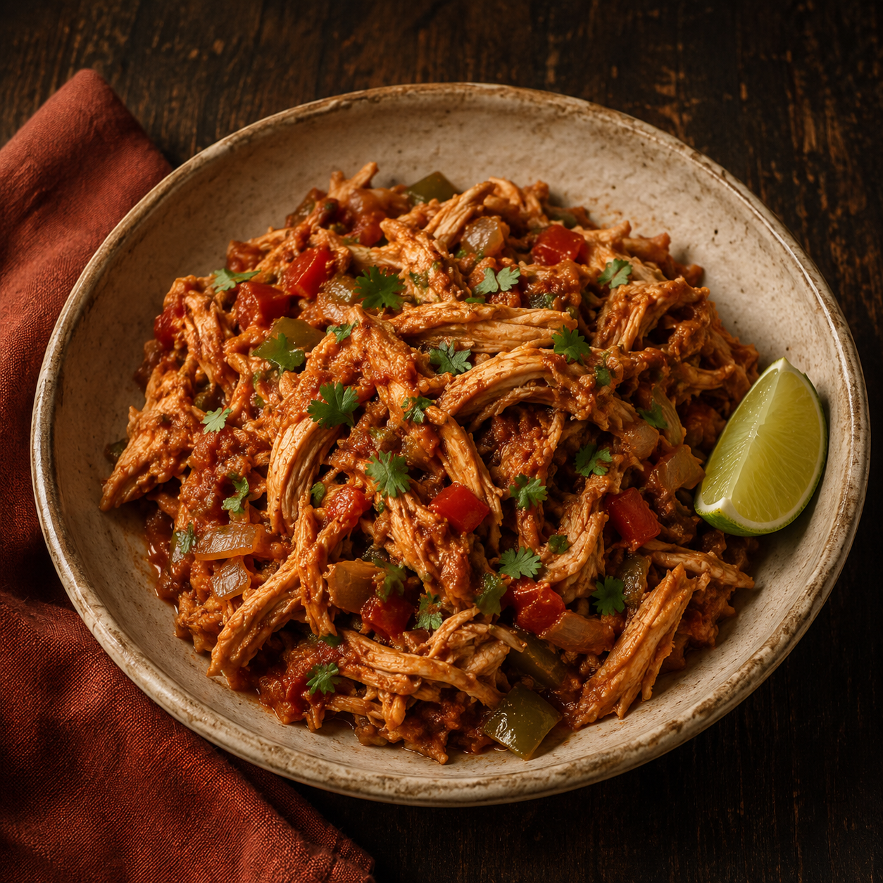 Painterly guildhall serving of Slow-cooker Chicken Taco Filling beside muted-rust linen.