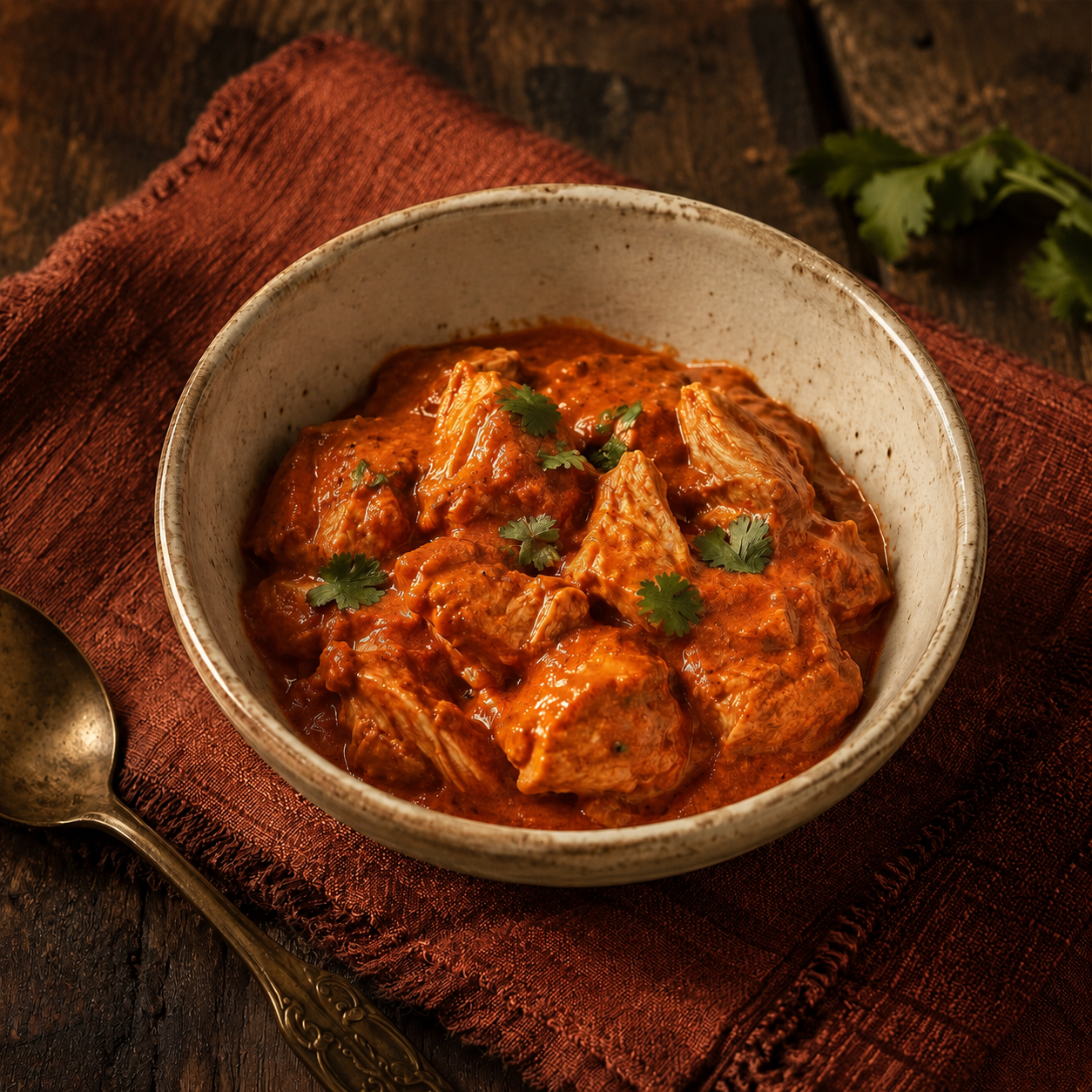 Saucy chicken tikka masala in a cream bowl beside muted-rust linen, without rice or bread.