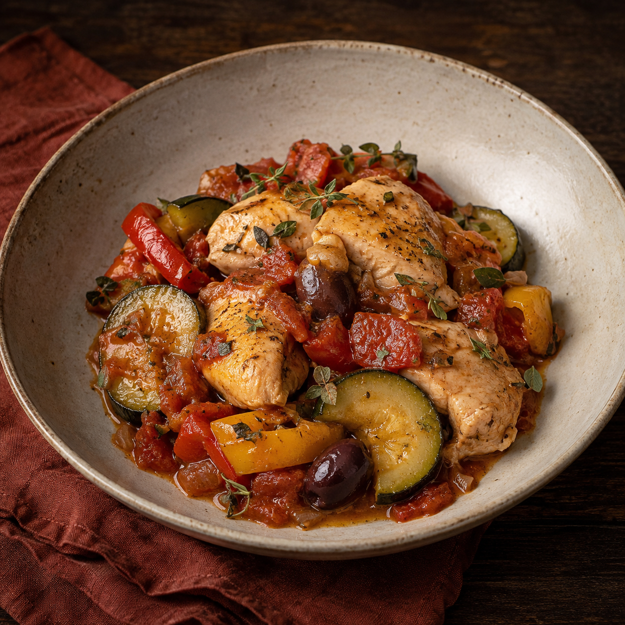 Painterly guildhall serving of Slow-cooker Provencal Chicken beside muted-rust linen.