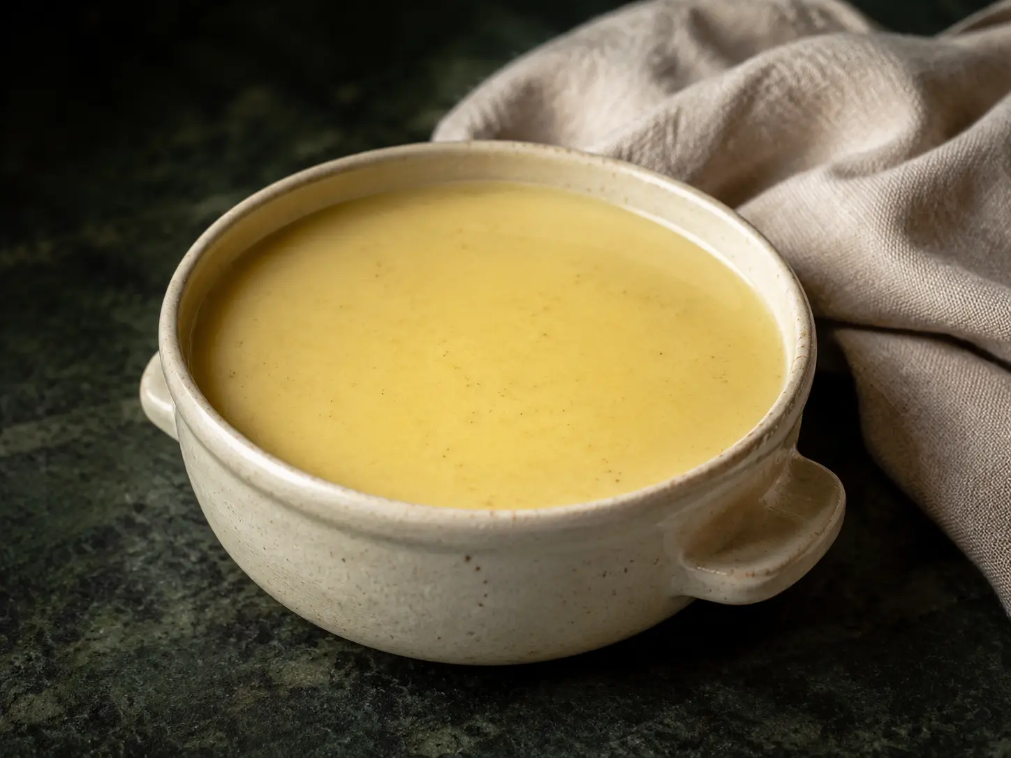 A small cream stoneware cup of completely smooth pale-golden chicken and herb cream soup on dark green stone.