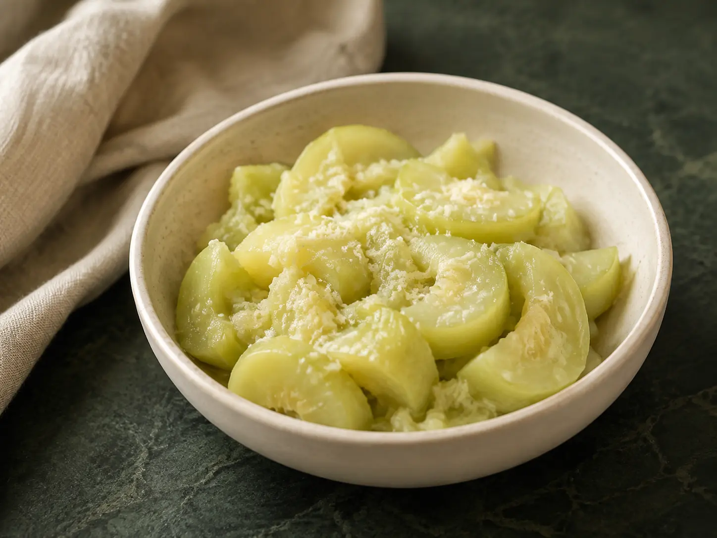 A small cream bowl of peeled zucchini cooked until very soft and moist on dark forest-green stone.