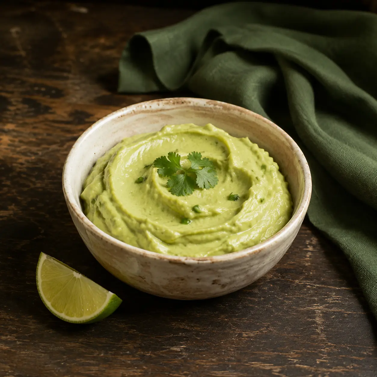 Creamy avocado and white bean spread with lime in cream stoneware beside forest-green linen.