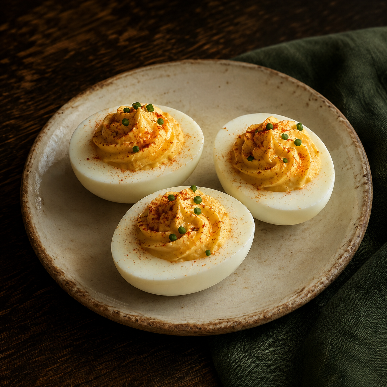 Painterly guildhall serving of Spicy Deviled Eggs beside forest-green linen.
