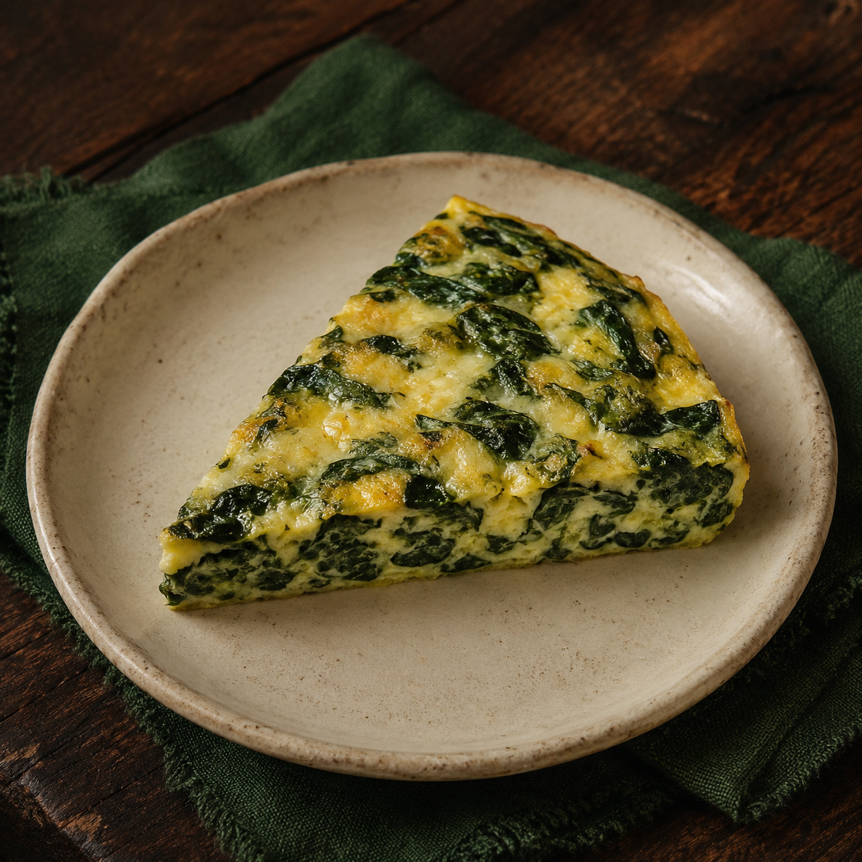 Painterly guildhall serving of Spinach Frittata beside forest-green linen.