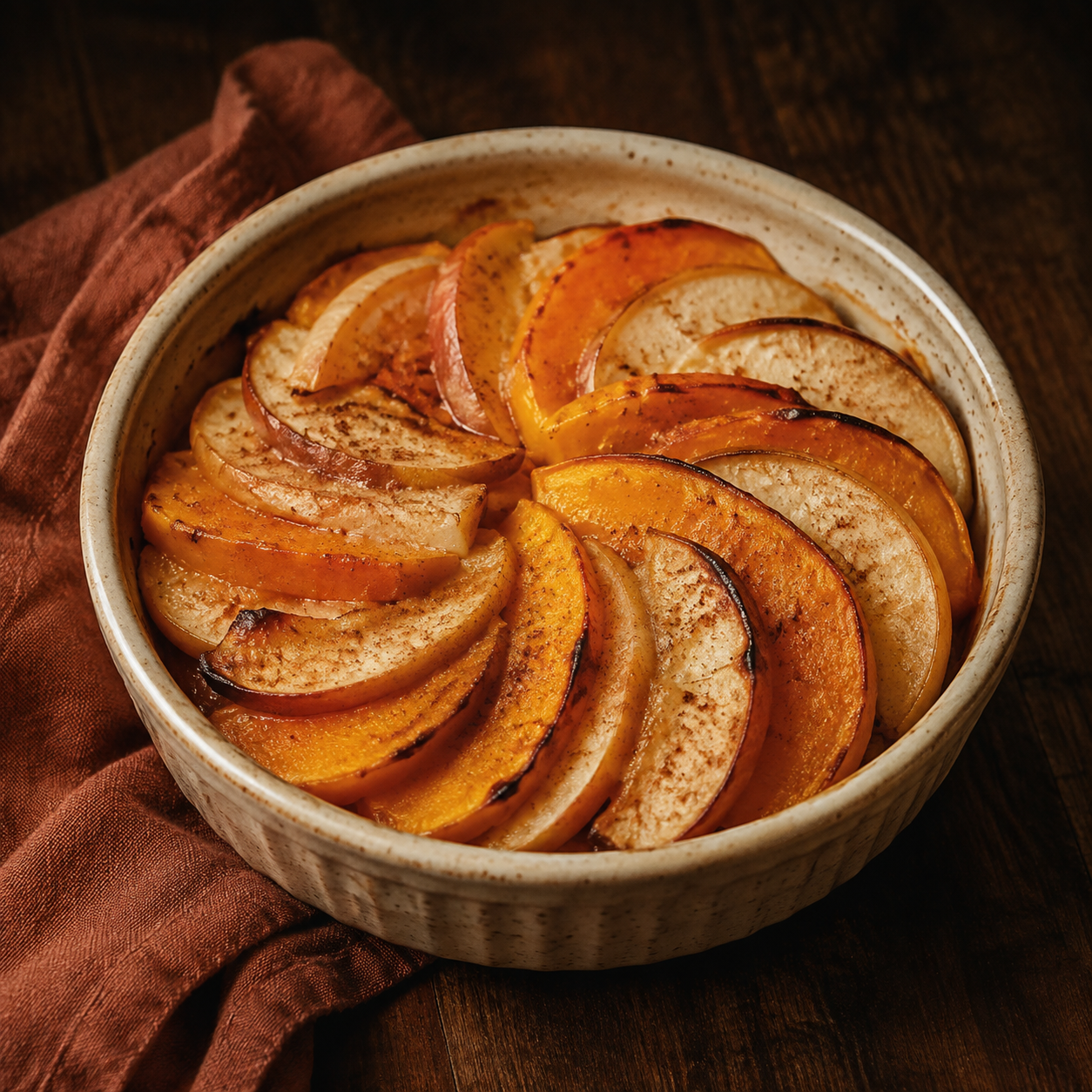 Painterly guildhall serving of Squash Apple Bake beside muted-rust linen.