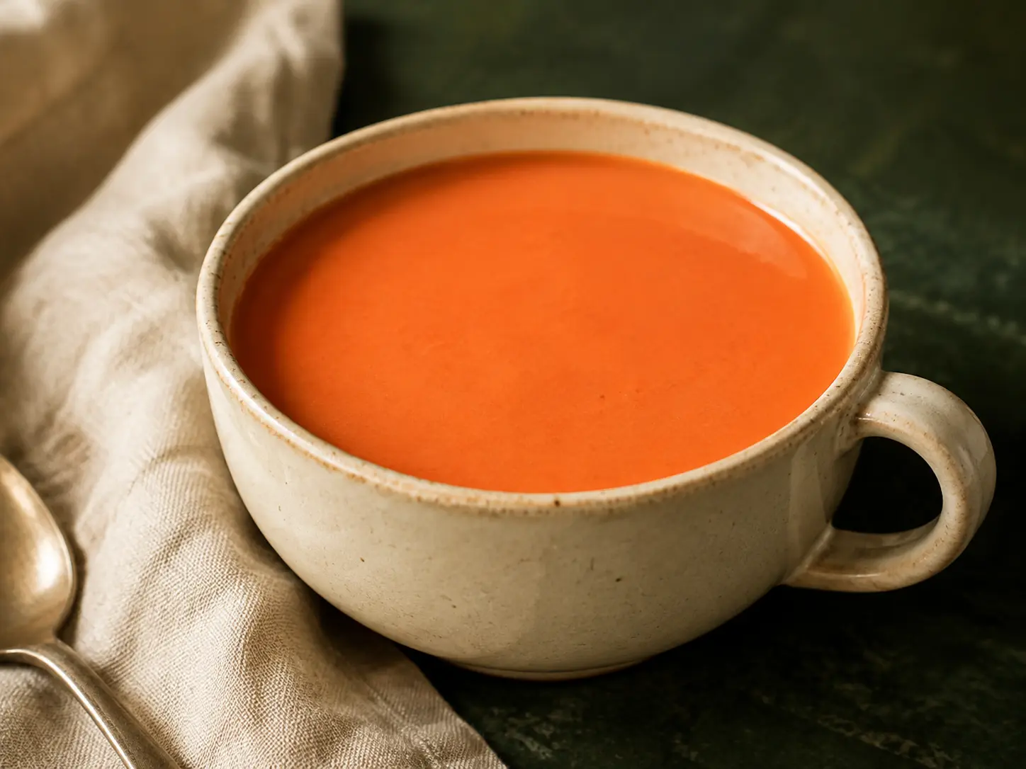 A small cream stoneware cup of completely smooth coral-red tomato-ricotta soup on dark forest-green stone.