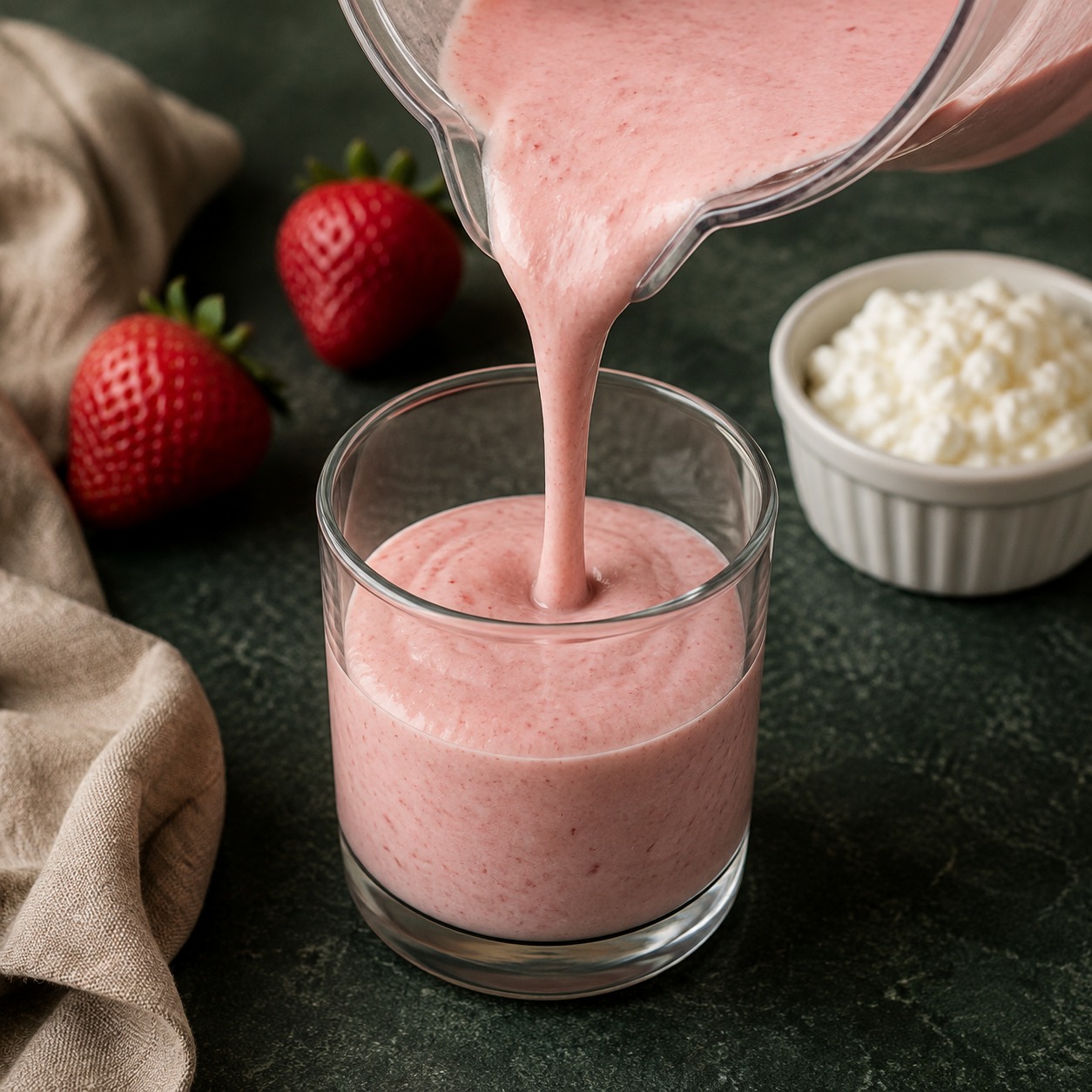 A small pale-pink strawberry cheesecake protein shake being poured into a clear glass beside strawberries and cottage cheese.