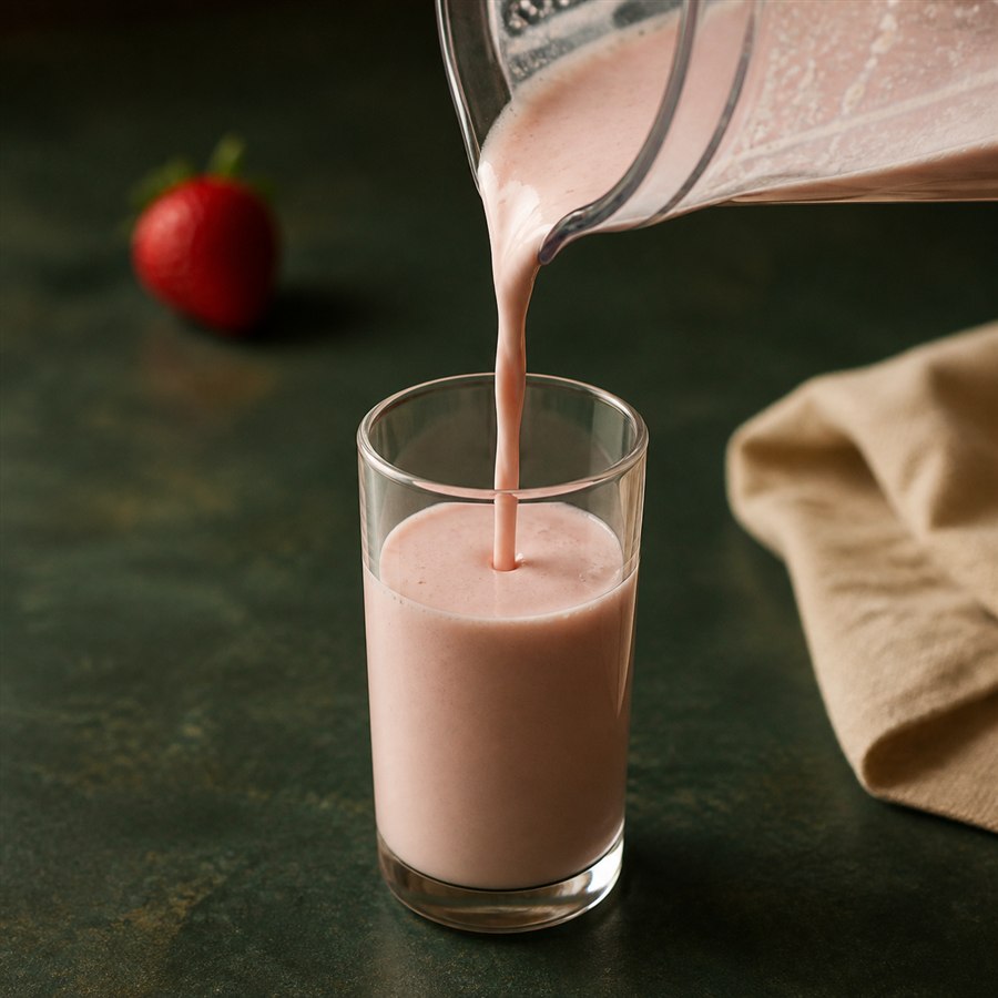 A small pale-pink strawberry protein shake pouring from a clear blender pitcher into a slender glass.