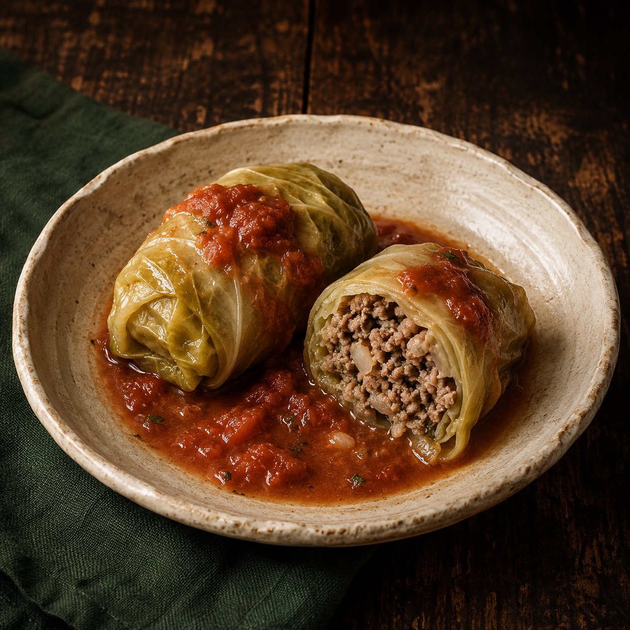 Painterly guildhall serving of Stuffed Cabbage Rolls beside forest-green linen.