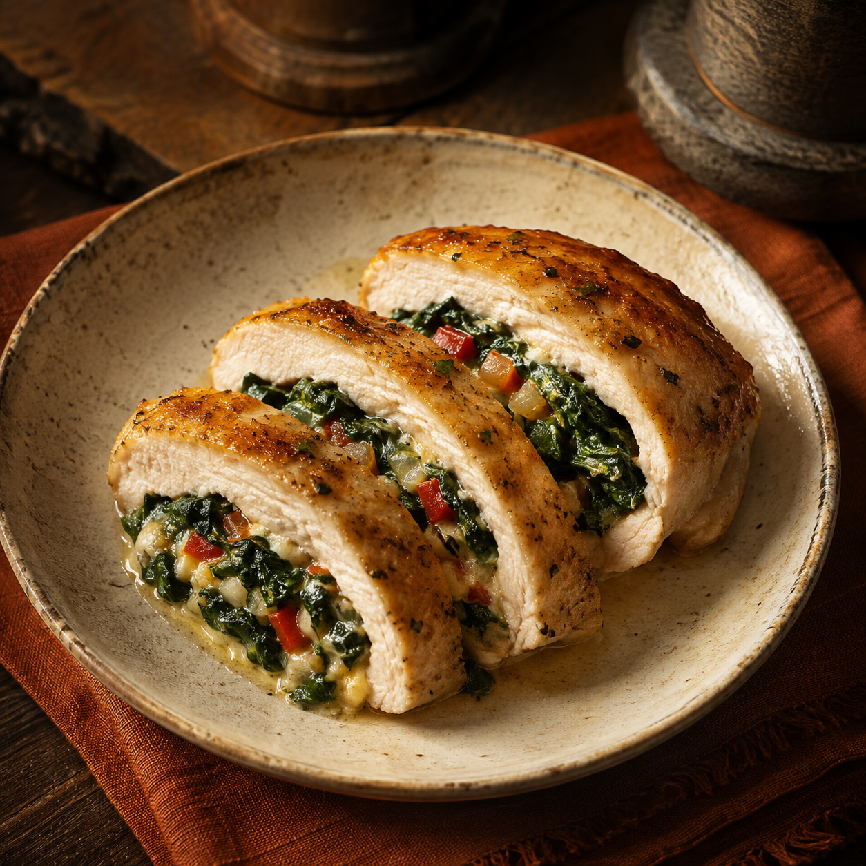 Painterly guildhall serving of Stuffed Chicken Breasts beside muted-rust linen.