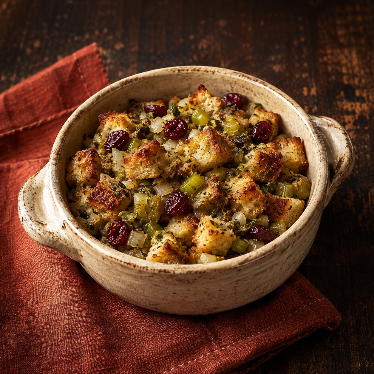 Painterly guildhall serving of Stuffing with Cranberries beside muted-rust linen.