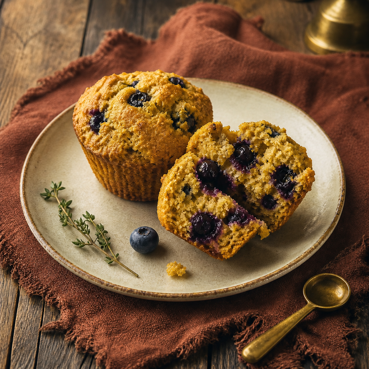 Blueberry-speckled sweet potato protein muffins