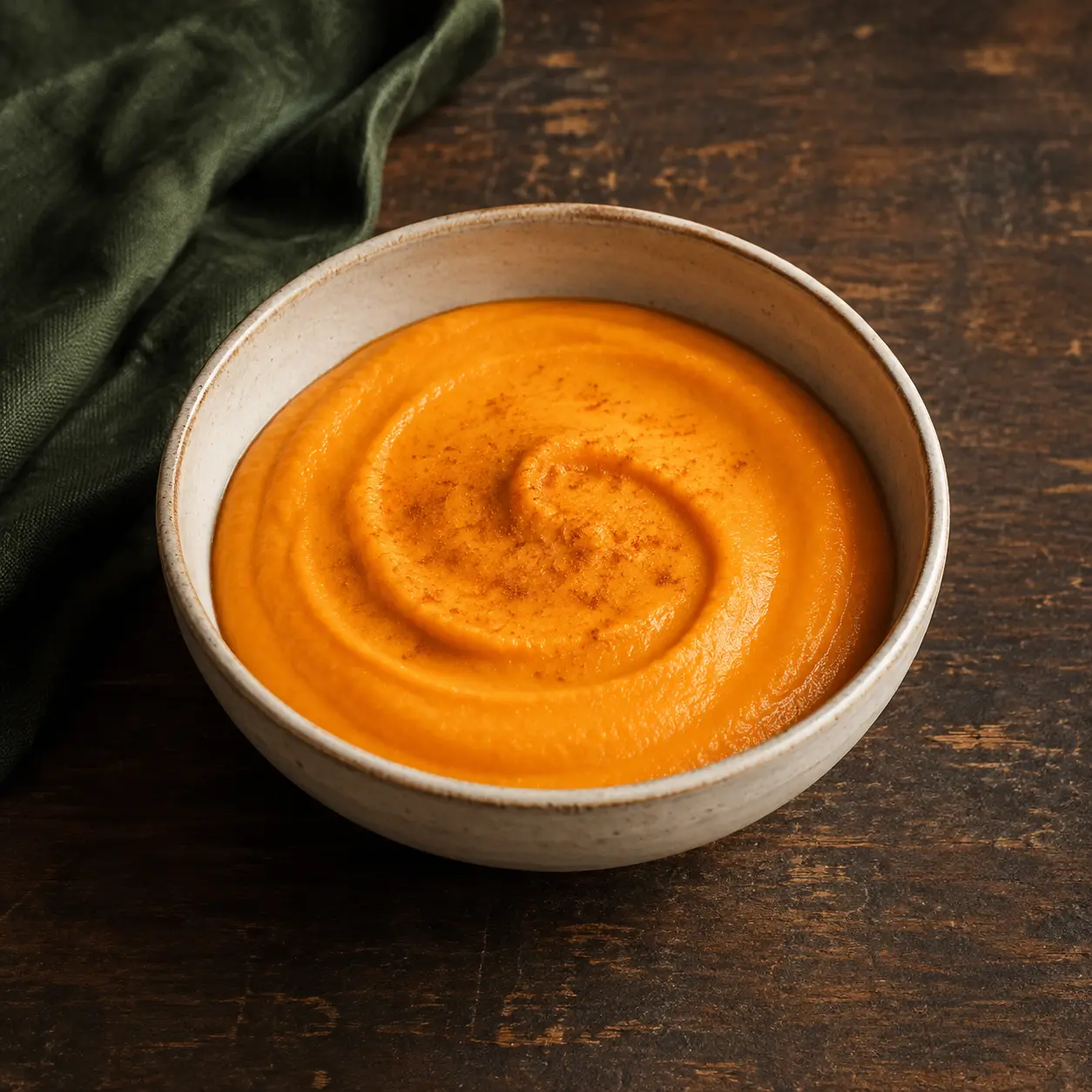 Completely smooth orange sweet-potato protein purée in a small cream stoneware bowl.