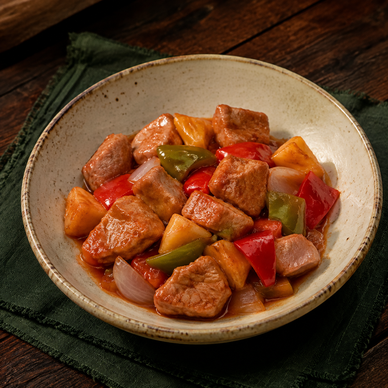 Painterly guildhall serving of Sweet and Sour Pork beside forest-green linen.