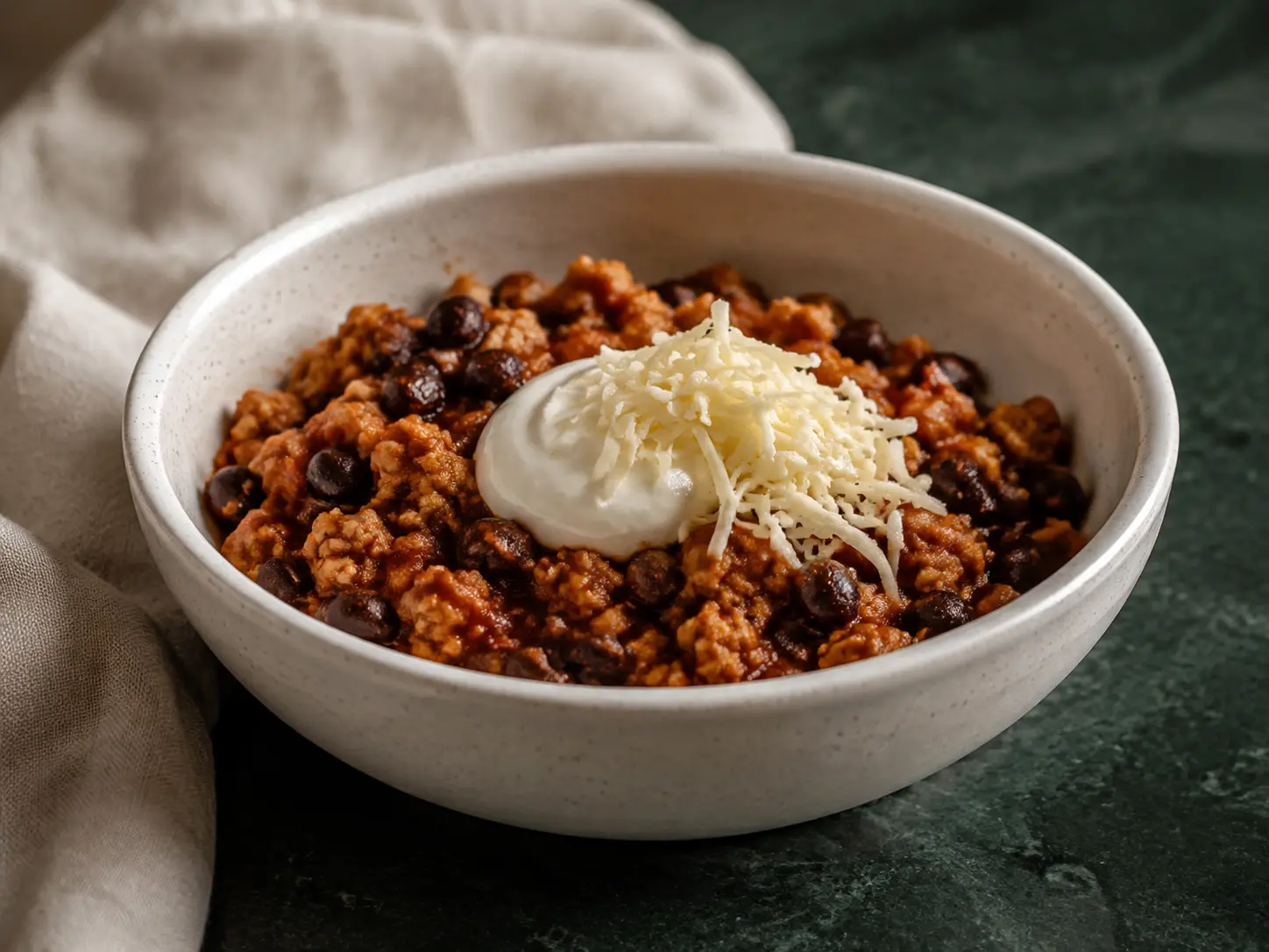 A small cream bowl of tender tempeh taco crumbles and black beans with restrained yogurt and cheese.