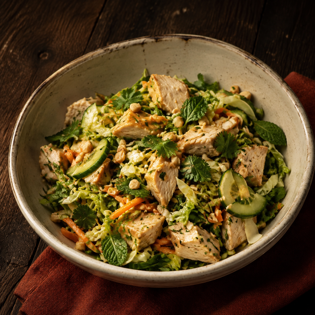 Painterly guildhall serving of Chicken Salad with Thai Flavors beside muted-rust linen.