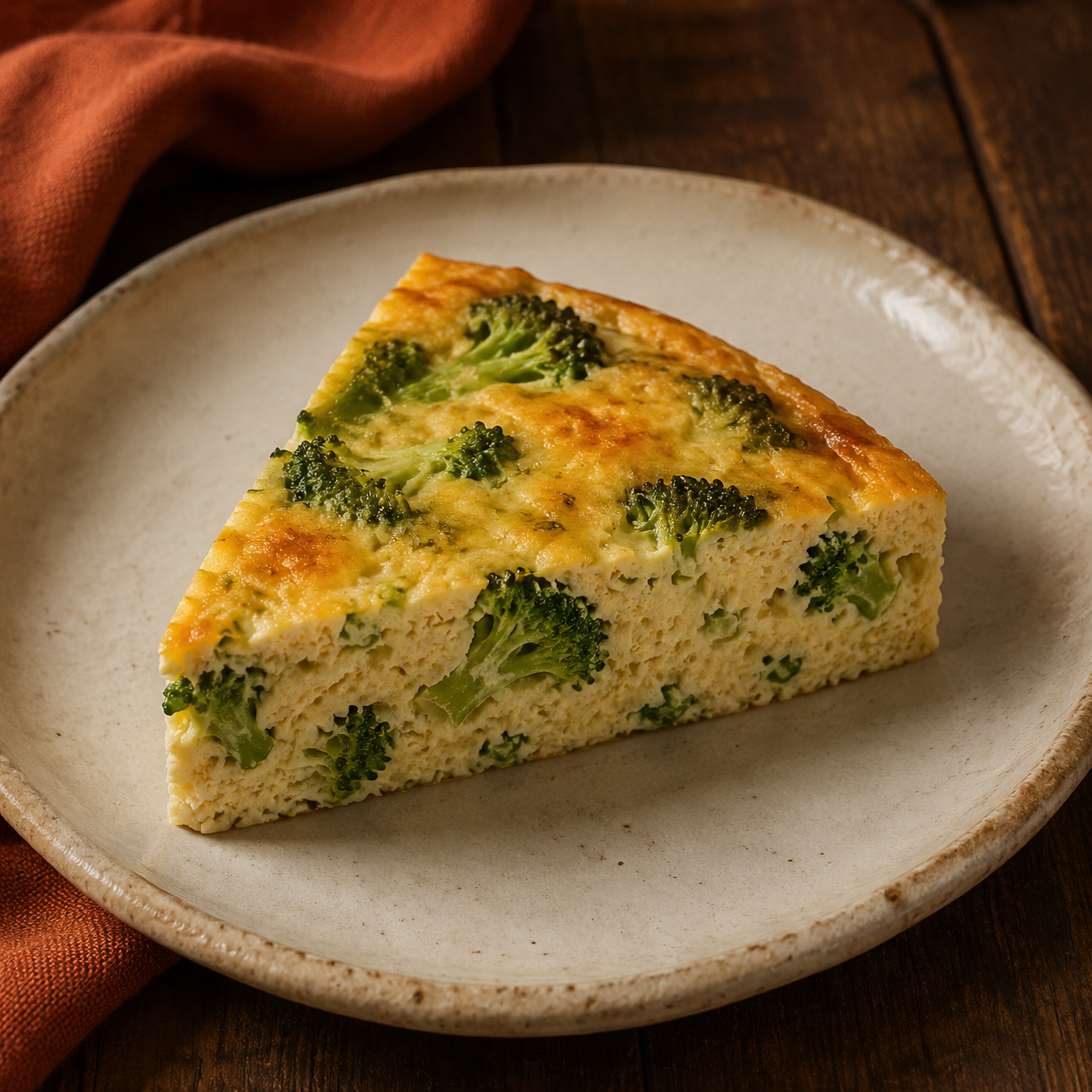 Painterly guildhall serving of Tofu and Broccoli Quiche beside muted-rust linen.