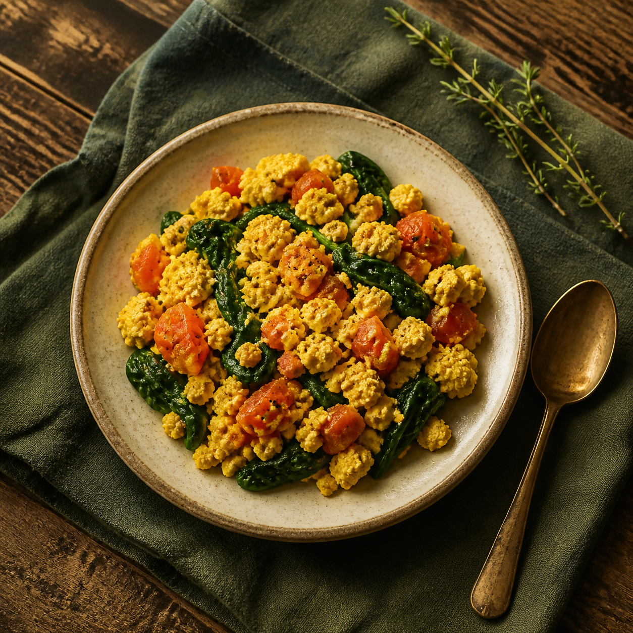 Tender golden tofu scramble with spinach and tomatoes