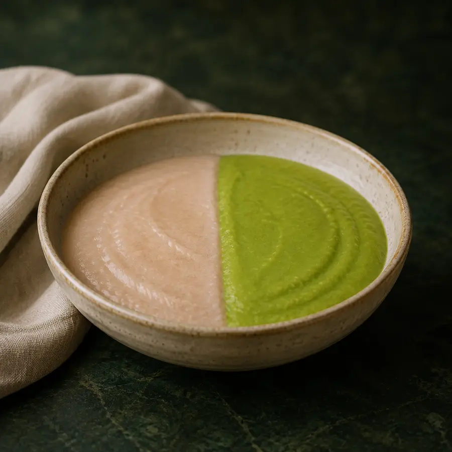 A modest bowl holding smooth pale tuna purée and vivid green pea purée with no visible pieces.