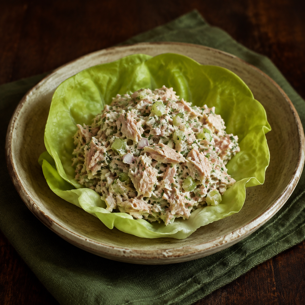 Painterly guildhall serving of Tuna or Chicken Salad beside forest-green linen.
