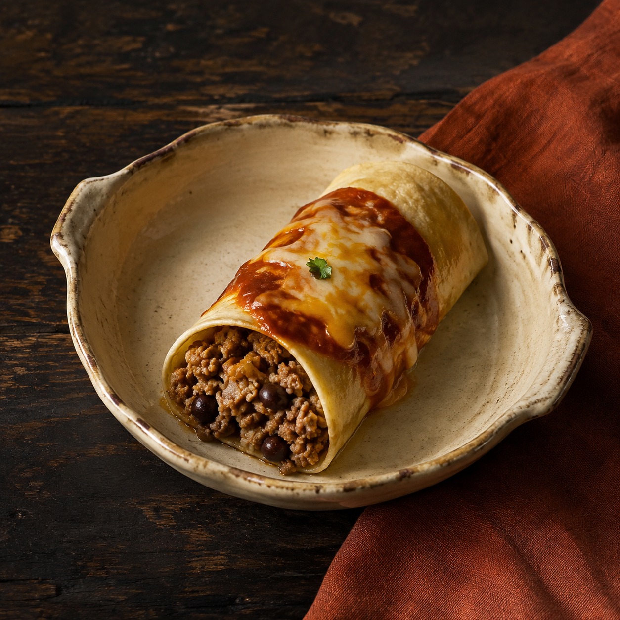 Painterly guildhall serving of Turkey Bean Enchilada beside muted-rust linen.
