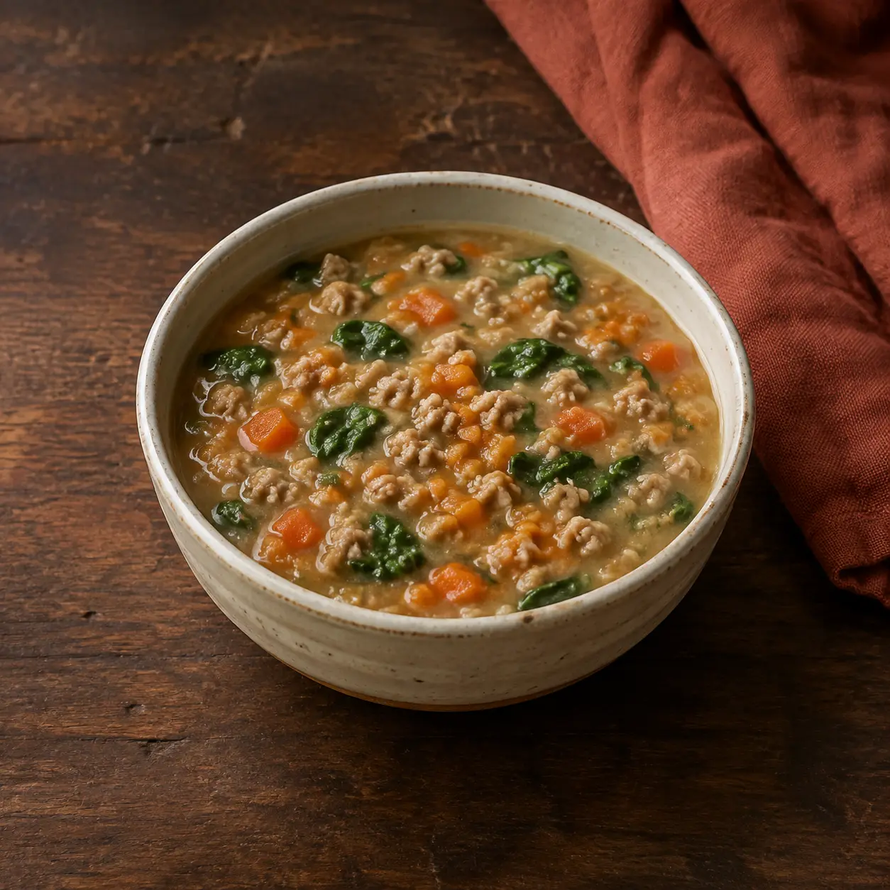 Thick turkey-and-lentil soup with very soft carrot and spinach in cream stoneware.