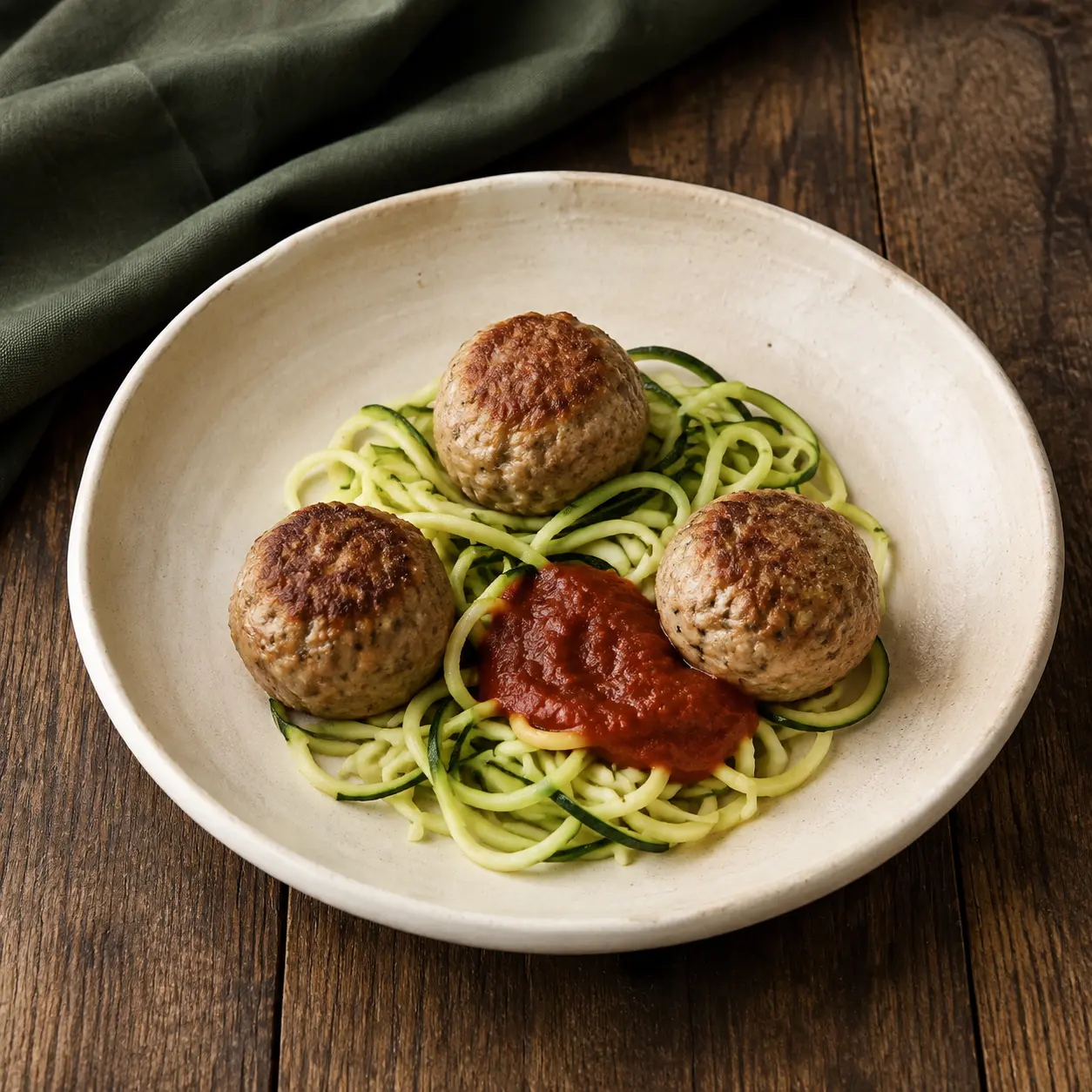 Three tender turkey meatballs with soft zucchini noodles and restrained marinara.