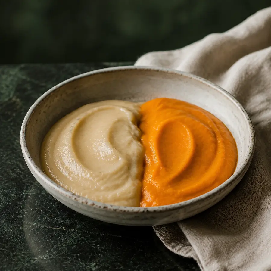 A small bowl with smooth pale turkey purée and orange sweet-potato purée side by side.