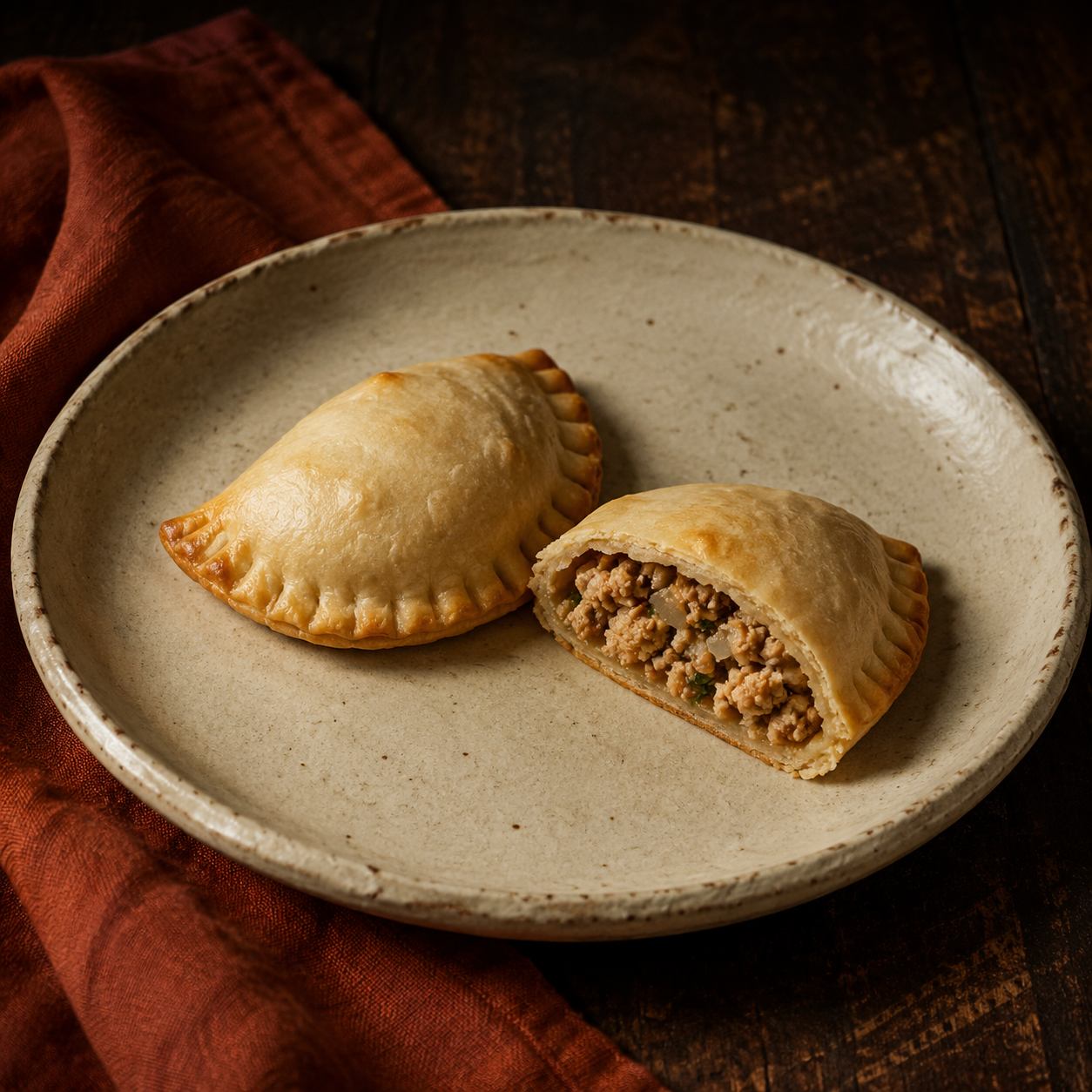 Painterly guildhall serving of Turkey Turnovers beside muted-rust linen.
