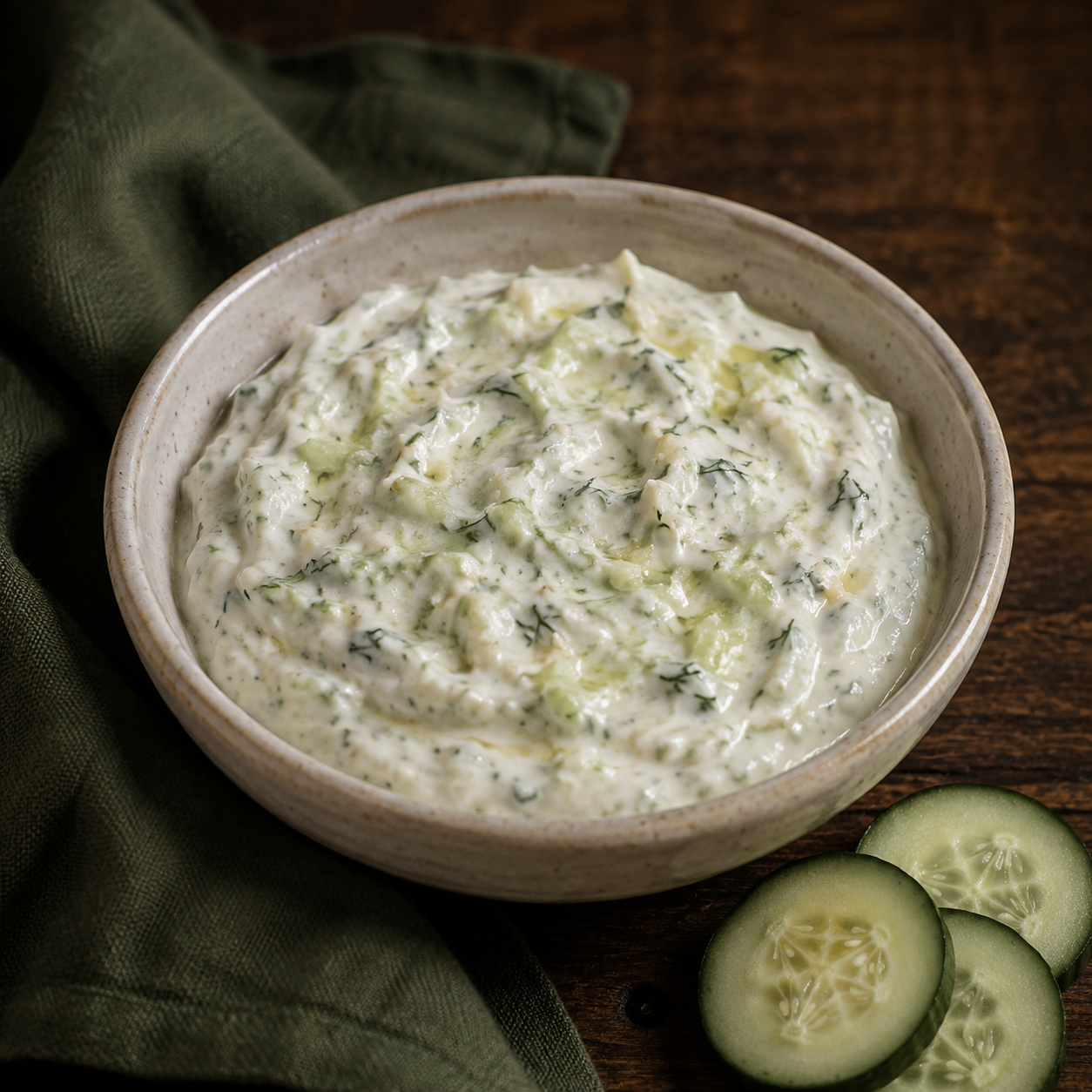 Painterly guildhall serving of Tzatziki Greek Yogurt and Cucumber Sauce beside forest-green linen.